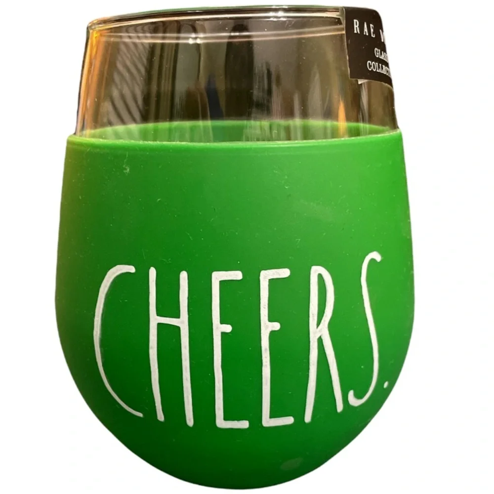 NEW Rae Dunn CHEERS Stemless 🍷 Glass in Green Silicone Sleeve